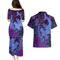 Hawaiian Volcano and Shark Couples Matching Puletasi and Hawaiian Shirt Polynesian and Hibiscus Pattern Violet Gradient LT03 - Polynesian Pride