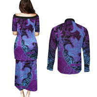 Hawaiian Volcano and Shark Couples Matching Puletasi and Long Sleeve Button Shirt Polynesian and Hibiscus Pattern Violet Gradient LT03 - Polynesian Pride