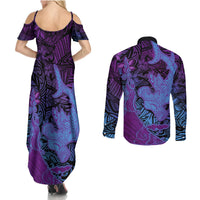 Hawaiian Volcano and Shark Couples Matching Summer Maxi Dress and Long Sleeve Button Shirt Polynesian and Hibiscus Pattern Violet Gradient