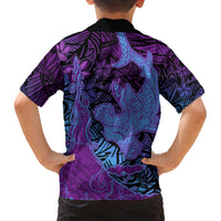 Hawaiian Volcano and Shark Family Matching Off The Shoulder Long Sleeve Dress and Hawaiian Shirt Polynesian and Hibiscus Pattern Violet Gradient
