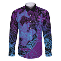 Hawaiian Volcano and Shark Family Matching Off Shoulder Maxi Dress and Hawaiian Shirt Polynesian and Hibiscus Pattern Violet Gradient