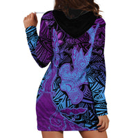 Hawaiian Volcano and Shark Hoodie Dress Polynesian and Hibiscus Pattern Violet Gradient