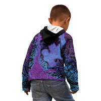 Hawaiian Volcano and Shark Kid Hoodie Polynesian and Hibiscus Pattern Violet Gradient