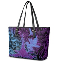 Hawaiian Volcano and Shark Leather Tote Bag Polynesian and Hibiscus Pattern Violet Gradient