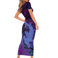 Hawaiian Volcano and Shark Short Sleeve Bodycon Dress Polynesian and Hibiscus Pattern Violet Gradient