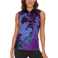 Hawaiian Volcano and Shark Women Sleeveless Polo Shirt Polynesian and Hibiscus Pattern Violet Gradient