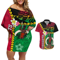 Vanuatu Nakamal and Plumeria Flowers Couples Matching Off Shoulder Short Dress and Hawaiian Shirt Polynesian Pattern LT03 Black - Polynesian Pride