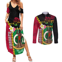 Vanuatu Nakamal and Plumeria Flowers Couples Matching Summer Maxi Dress and Long Sleeve Button Shirt Polynesian Pattern LT03 Black - Polynesian Pride