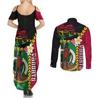 Vanuatu Nakamal and Plumeria Flowers Couples Matching Summer Maxi Dress and Long Sleeve Button Shirt Polynesian Pattern LT03 - Polynesian Pride