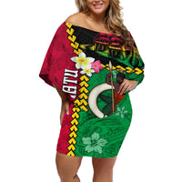 Vanuatu Nakamal and Plumeria Flowers Off Shoulder Short Dress Polynesian Pattern LT03 Women Black - Polynesian Pride