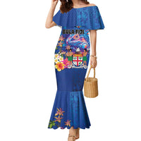 Fiji Bula Family Matching Mermaid Dress and Hawaiian Shirt Tropical Plants with Palm Tree and Iguana Colorful