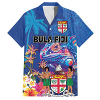 Fiji Bula Family Matching Off Shoulder Short Dress and Hawaiian Shirt Tropical Plants with Palm Tree and Iguana Colorful