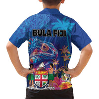 Fiji Bula Family Matching Puletasi and Hawaiian Shirt Tropical Plants with Palm Tree and Iguana Colorful