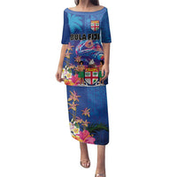 Fiji Bula Family Matching Puletasi and Hawaiian Shirt Tropical Plants with Palm Tree and Iguana Colorful