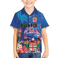 Fiji Bula Kid Hawaiian Shirt Tropical Plants with Palm Tree and Iguana Colorful