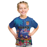 Fiji Bula Kid T Shirt Tropical Plants with Palm Tree and Iguana Colorful