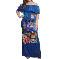 Fiji Bula Off Shoulder Maxi Dress Tropical Plants with Palm Tree and Iguana Colorful