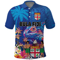 Fiji Bula Polo Shirt Tropical Plants with Palm Tree and Iguana Colorful