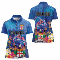 Fiji Bula Women Polo Shirt Tropical Plants with Palm Tree and Iguana Colorful