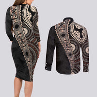 Fiji Traditional Masi Couples Matching Long Sleeve Bodycon Dress and Long Sleeve Button Shirt Tapa Art Palm Leaves Pattern