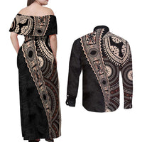 Fiji Traditional Masi Couples Matching Off Shoulder Maxi Dress and Long Sleeve Button Shirt Tapa Art Palm Leaves Pattern
