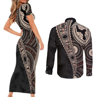 Fiji Traditional Masi Couples Matching Short Sleeve Bodycon Dress and Long Sleeve Button Shirt Tapa Art Palm Leaves Pattern