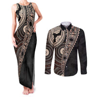 Fiji Traditional Masi Couples Matching Tank Maxi Dress and Long Sleeve Button Shirt Tapa Art Palm Leaves Pattern