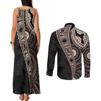 Fiji Traditional Masi Couples Matching Tank Maxi Dress and Long Sleeve Button Shirt Tapa Art Palm Leaves Pattern
