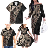 Fiji Traditional Masi Family Matching Off The Shoulder Long Sleeve Dress and Hawaiian Shirt Tapa Art Palm Leaves Pattern