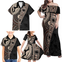 Fiji Traditional Masi Family Matching Off Shoulder Maxi Dress and Hawaiian Shirt Tapa Art Palm Leaves Pattern