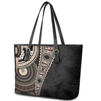 Fiji Traditional Masi Leather Tote Bag Tapa Art Palm Leaves Pattern
