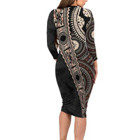 Fiji Traditional Masi Long Sleeve Bodycon Dress Tapa Art Palm Leaves Pattern
