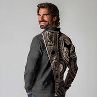 Fiji Traditional Masi Long Sleeve Polo Shirt Tapa Art Palm Leaves Pattern