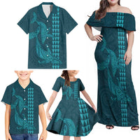 Aloha Hawaii Whale Kakau and Polynesian Tattoo Family Matching Off Shoulder Maxi Dress and Hawaiian Shirt Turquoise Color