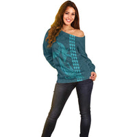 Aloha Hawaii Whale Kakau and Polynesian Tattoo Off Shoulder Sweater Turquoise Color