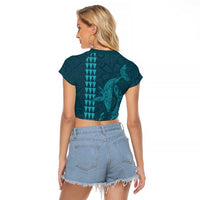 Aloha Hawaii Whale Kakau and Polynesian Tattoo Raglan Cropped T Shirt Turquoise Color