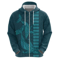Aloha Hawaii Whale Kakau and Polynesian Tattoo Zip Hoodie Turquoise Color