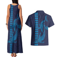 Aloha Hawaii Whale Kakau and Polynesian Tattoo Couples Matching Tank Maxi Dress and Hawaiian Shirt Dark Navy Color