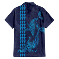 Aloha Hawaii Whale Kakau and Polynesian Tattoo Family Matching Off The Shoulder Long Sleeve Dress and Hawaiian Shirt Dark Navy Color