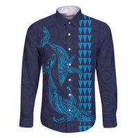 Aloha Hawaii Whale Kakau and Polynesian Tattoo Family Matching Off The Shoulder Long Sleeve Dress and Hawaiian Shirt Dark Navy Color