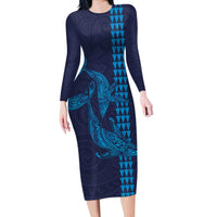 Aloha Hawaii Whale Kakau and Polynesian Tattoo Long Sleeve Bodycon Dress Dark Navy Color