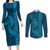 Aloha Hawaii Whale Kakau and Polynesian Tattoo Couples Matching Long Sleeve Bodycon Dress and Long Sleeve Button Shirt Light Blue Color