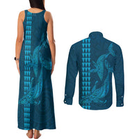 Aloha Hawaii Whale Kakau and Polynesian Tattoo Couples Matching Tank Maxi Dress and Long Sleeve Button Shirt Light Blue Color