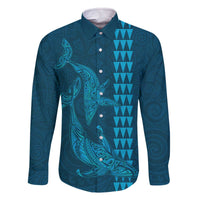 Aloha Hawaii Whale Kakau and Polynesian Tattoo Family Matching Off The Shoulder Long Sleeve Dress and Hawaiian Shirt Light Blue Color