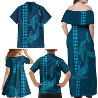 Aloha Hawaii Whale Kakau and Polynesian Tattoo Family Matching Off Shoulder Maxi Dress and Hawaiian Shirt Light Blue Color