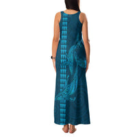 Aloha Hawaii Whale Kakau and Polynesian Tattoo Family Matching Tank Maxi Dress and Hawaiian Shirt Light Blue Color