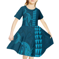 Aloha Hawaii Whale Kakau and Polynesian Tattoo Kid Short Sleeve Dress Light Blue Color
