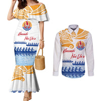 Personalised Hawaiki Nui Va'a French Polynesian Pattern Couples Matching Mermaid Dress and Long Sleeve Button Shirt White Color