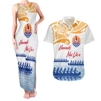 Personalised Hawaiki Nui Va'a French Polynesian Pattern Couples Matching Tank Maxi Dress and Hawaiian Shirt White Color
