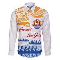 Personalised Hawaiki Nui Va'a French Polynesian Pattern Family Matching Off The Shoulder Long Sleeve Dress and Hawaiian Shirt White Color